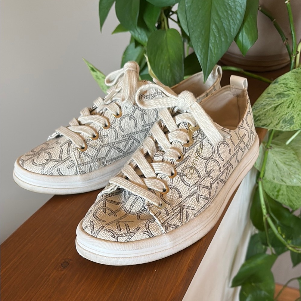 Calvin Klein Cream White Sneakers with Monogram Design